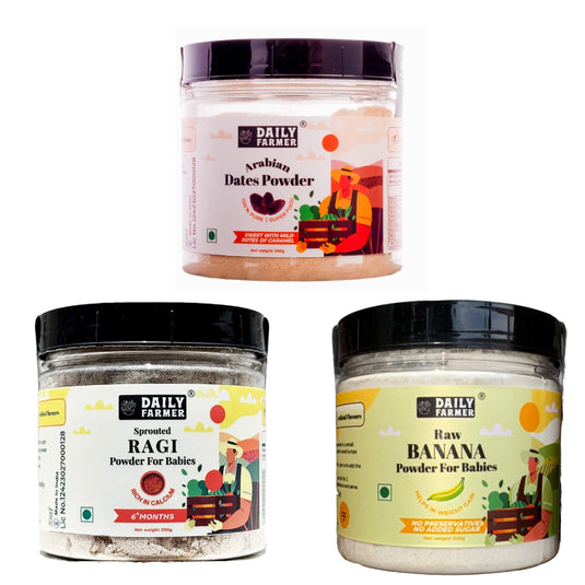 Healthy Baby Combo From 6 Months – Dates Powder, Sprouted Ragi Powder & Banana Powder (200g each)