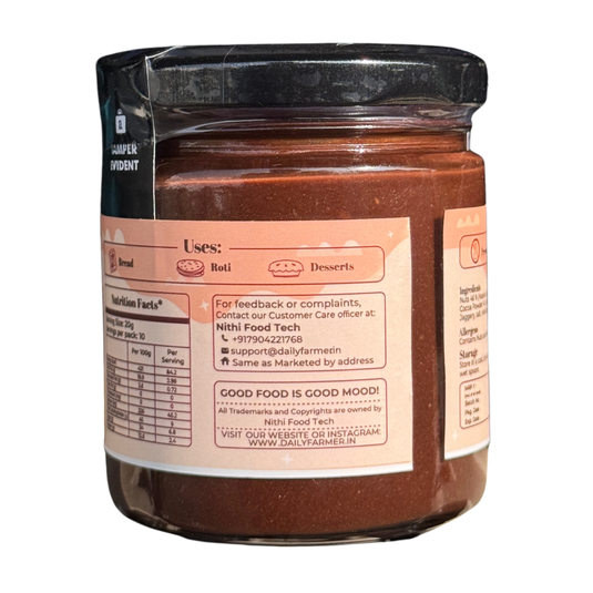 Jar of chocolate spread with a label on a white background