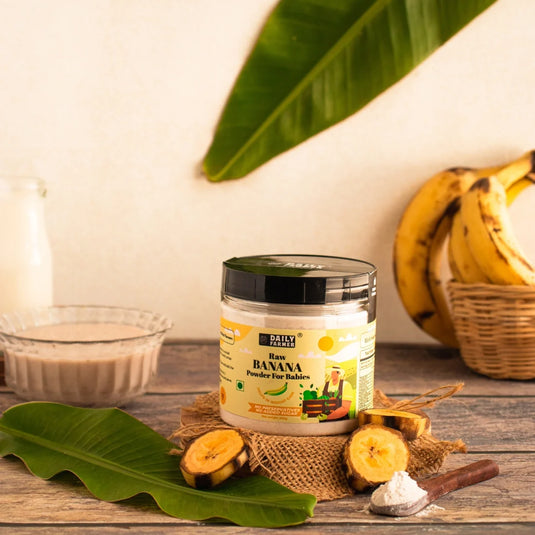 “Daily Farmer Kerala Raw Banana Powder for Babies with fresh raw bananas.”