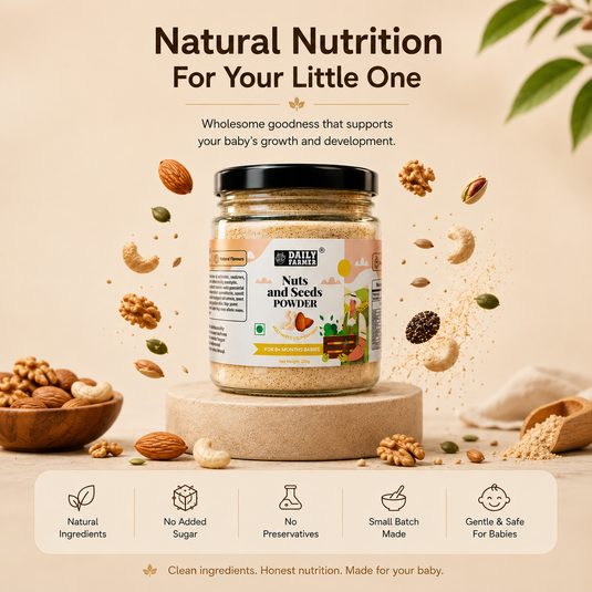 A jar of NutriKiddie Baby Nuts and Seeds Powder displayed on a pedestal with scattered almonds, cashews, and seeds around it. The background is a warm beige with promotional text at the top and feature icons at the bottom.