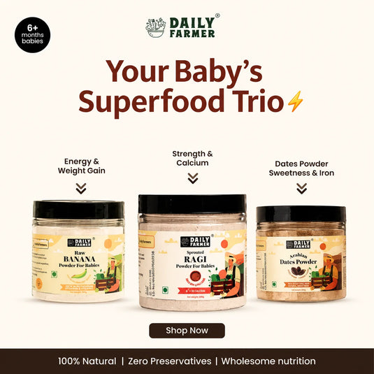 Healthy Baby Combo From 6 Months – Dates Powder, Sprouted Ragi Powder & Banana Powder (200g each)