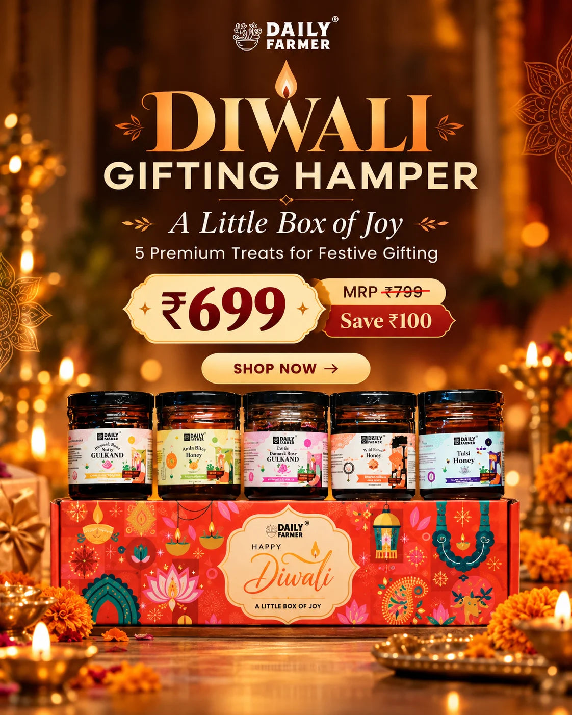 Daily Farmer Diwali Gifting Hamper advertisement featuring five premium jar products arranged on top of a decorated red gift box, with candles and festive decorations in the background. Promotional text highlights the product and pricing.