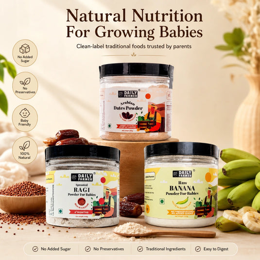 Healthy Baby Combo From 6 Months – Dates Powder, Sprouted Ragi Powder & Banana Powder (200g each)